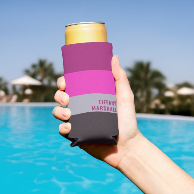 Pink Grey and Dark Muted Purple Stripes Pattern Seltzer Can Cooler (In Situ Pool)
