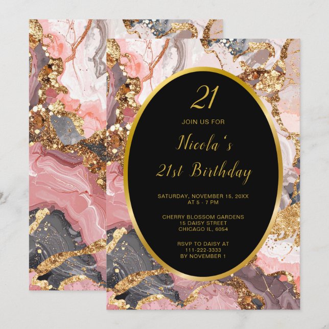 Pink, Grey and Gold Marble Agate Birthday Party Invitation (Front/Back)
