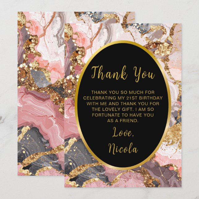 Pink, Grey and Gold Marble Agate Birthday Party Thank You Card (Front/Back)