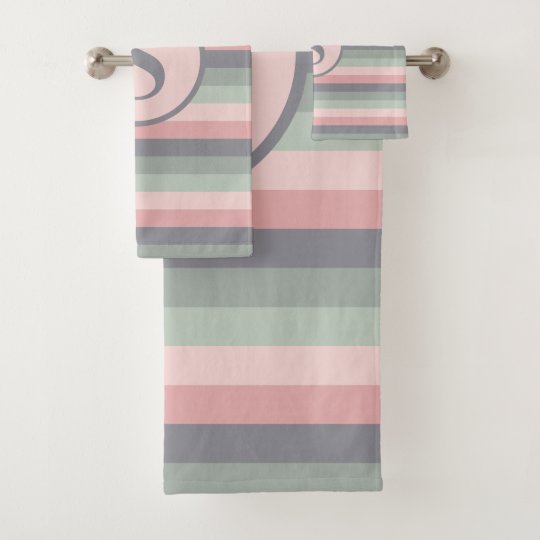 Pink Grey and Green Horizontal Striped Bath Towel Set Zazzle.co.uk