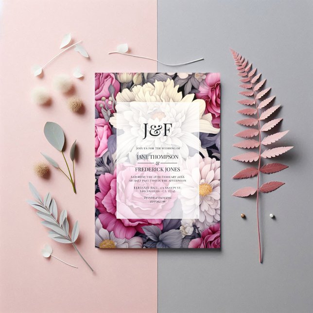 Pink, Grey and Ivory Floral Wedding Monogram Invitation (Pink, Grey and Ivory Floral Wedding Monogram Invitation)