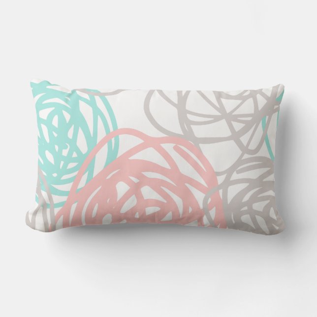 Pink Grey and Teal Doodle Pattern Lumbar Cushion (Front)