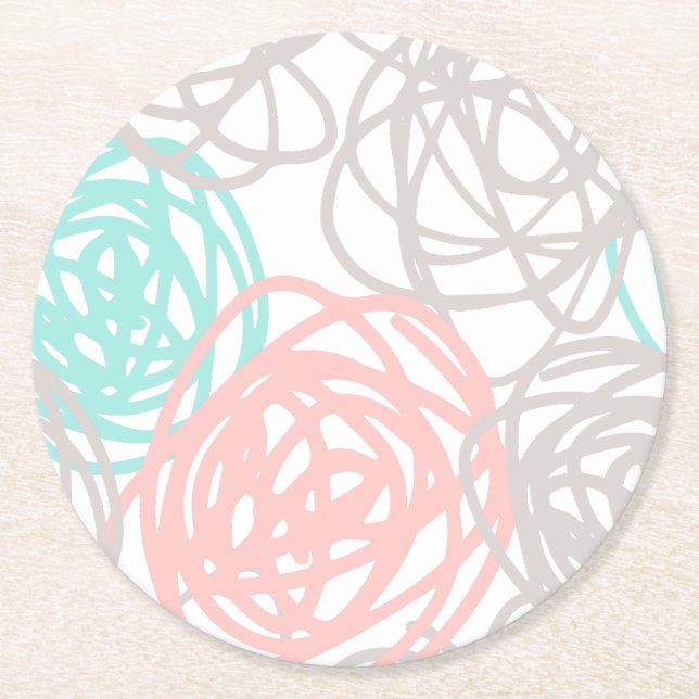 Pink Grey and Teal Doodle Pattern Round Paper Coaster (Front)