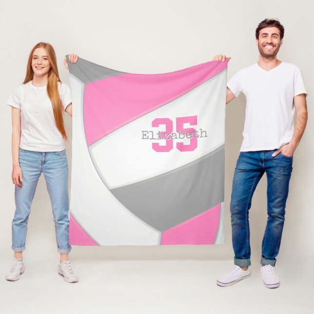 pink grey and white girls volleyball personalised fleece blanket (In Situ)
