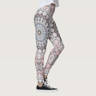 Pink Grey and White Mandala Pattern Leggings