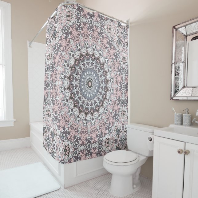 Pink Grey and White Mandala Pattern Shower Curtain (In Situ)