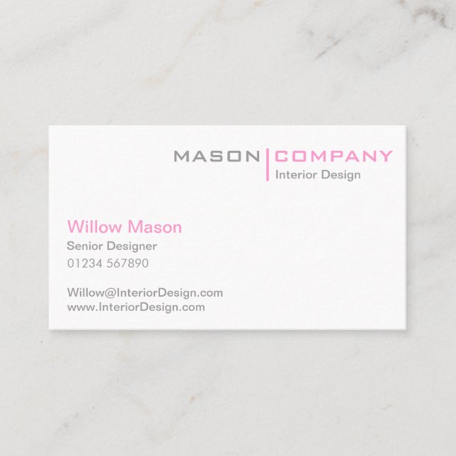 Pink Grey and White Minimalistic Business Card (Front)
