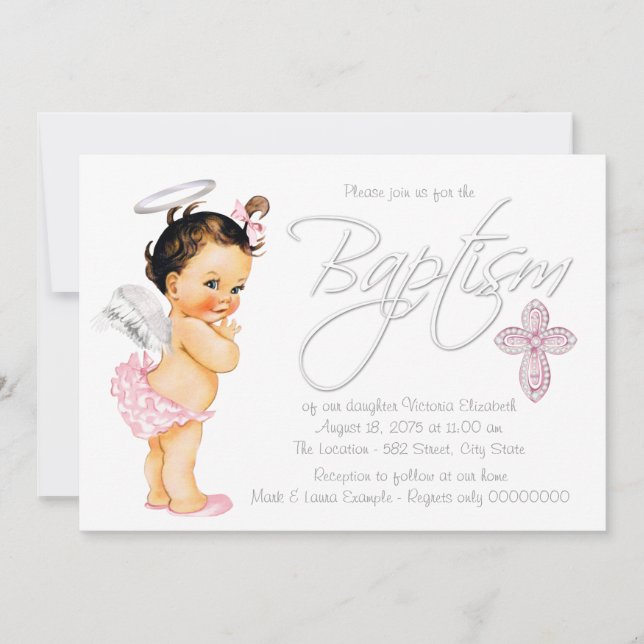 Pink Grey Angel Baby Girl Baptism Invitation (Front)