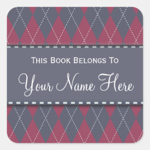 Pink & Grey Argyle Name Book Plate Sticker