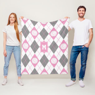 pink grey argyle pattern volleyballs monogrammed fleece blanket