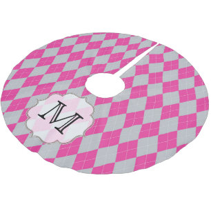 Pink Grey Argyle Trian Monogram Initial Tree Skirt