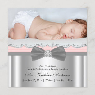 Pink Grey Baby Girl Photo Birth Announcement