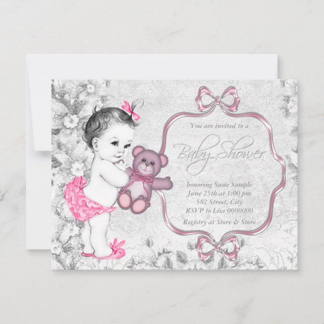 Pink Grey Baby Girl Vintage Baby Shower Invitation (Front)