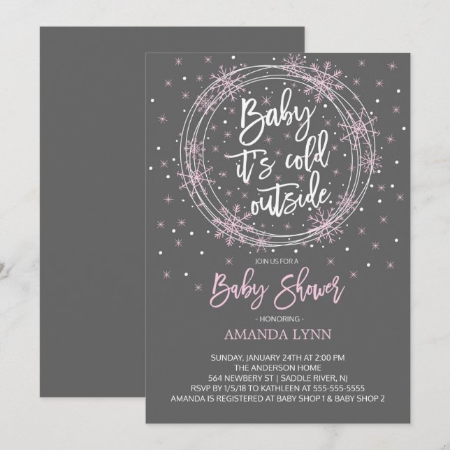 Pink Grey Baby It's Cold Outside Baby Shower Invitation (Front/Back)