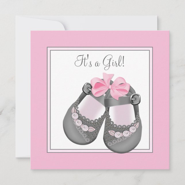 Pink Grey Baby Shoes Pink Grey Baby Girl Shower Invitation (Front)