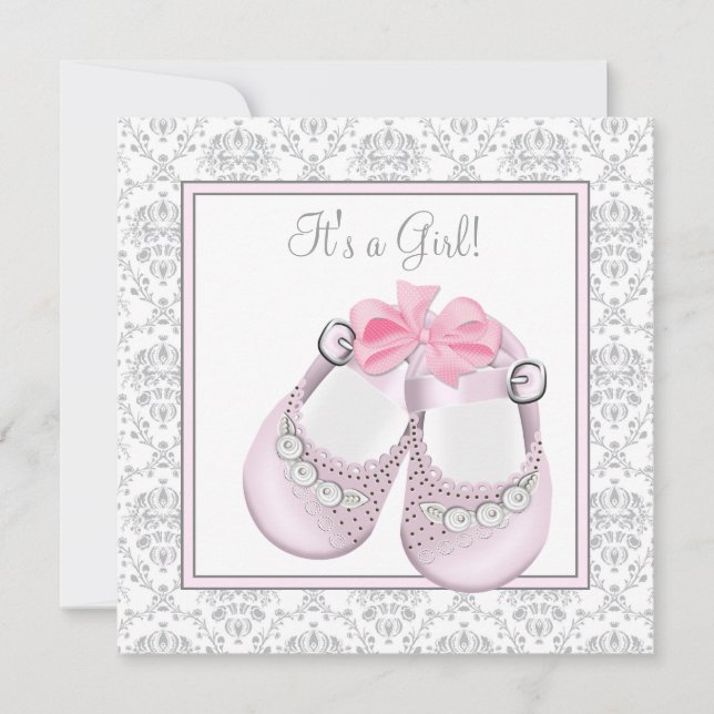 Pink Grey Baby Shoes Pink Grey Baby Girl Shower Invitation (Front)