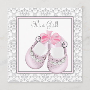 Pink Grey Baby Shoes Pink Grey Baby Girl Shower Invitation