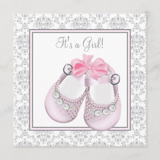 Pink Grey Baby Shoes Pink Grey Baby Girl Shower Invitation