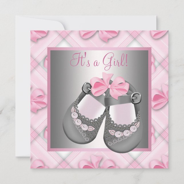 Pink Grey Baby Shoes Pink Grey Baby Girl Shower Invitation (Front)