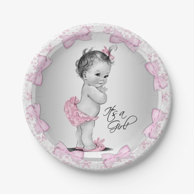 Pink Grey Baby Shower Paper Plates (Front)
