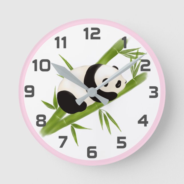 Pink Grey Bamboo Trees Panda Bear Wall Clock (Front)