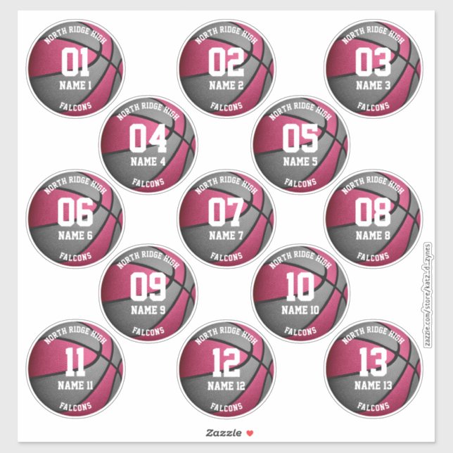 pink grey basketball players names 3 inch stickers (Sheet)