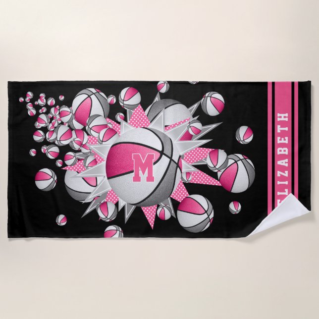 pink grey basketballs stars her name monogrammed beach towel (Front)