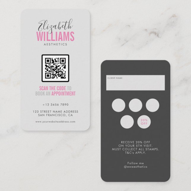 Pink Grey Beauty Salon QR Code Loyalty & Business Card (Front/Back)