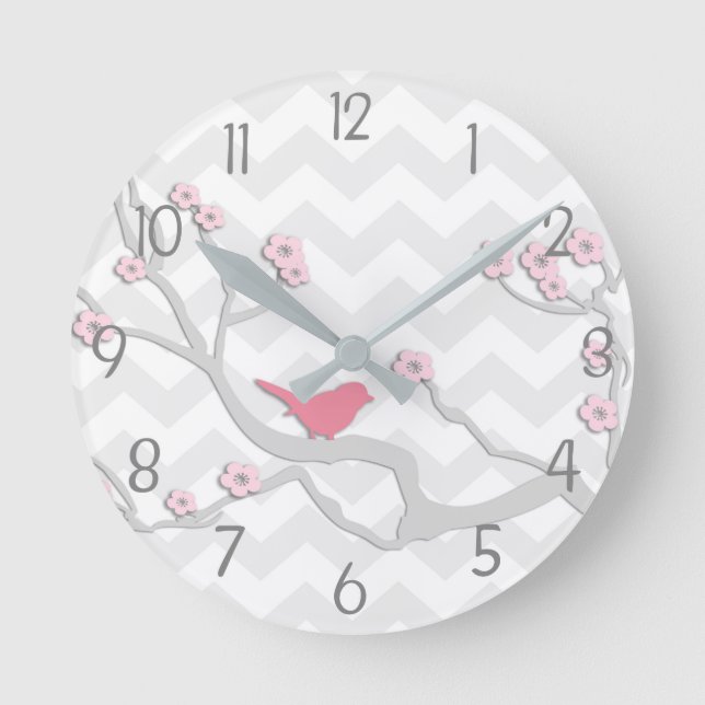 Pink Grey Bird on Branch Wall Clock (Front)