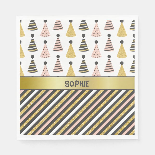 Pink & Grey Birthday Hats & Stripes Napkin (Front)