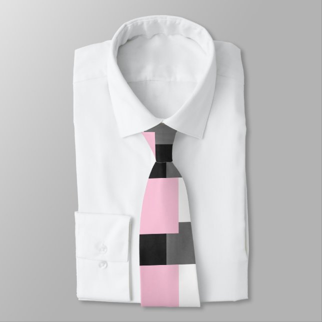 Pink Grey Black and White Geometric Pattern Tie (Tied)