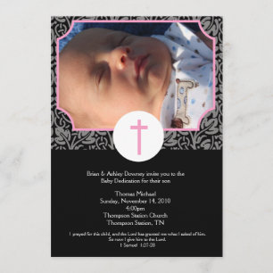 Pink/Grey/Black Baptism Baby Dedication 5x7 photo Invitation