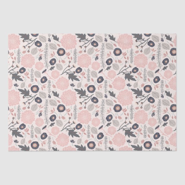Pink Grey Black Botanical Floral Pattern Tissue Paper (Front)