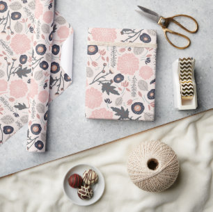 Pink Grey Black Botanical Floral Pattern Wrapping Paper