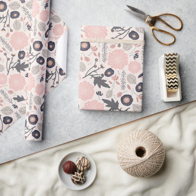 Pink Grey Black Botanical Floral Pattern Wrapping Paper (Crafts)