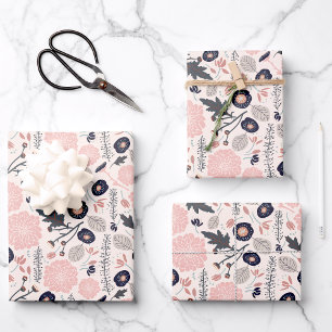 Pink Grey Black Botanical Floral Pattern Wrapping Paper Sheet