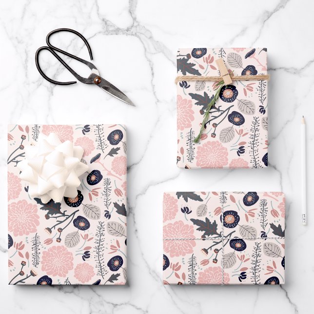Pink Grey Black Botanical Floral Pattern Wrapping Paper Sheet (Pink Gray Black Botanical Floral Pattern Wrapping Paper Sheets from Studio Posies. )