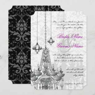 Pink Grey Black Chandelier Damask Wedding Invitation