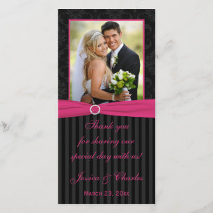 Pink Grey Black Damask Striped Wedding Photo Card