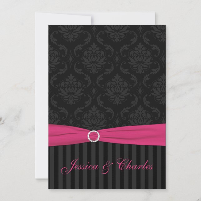 Pink Grey Black Damask Stripes Scrolls Wedding Invitation (Front)