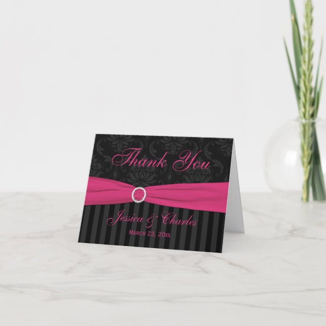 Pink Grey Black Damask Stripes Thank You Card (Front)