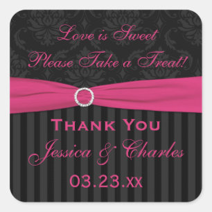 Pink Grey Black Damask Wedding Favour Sticker
