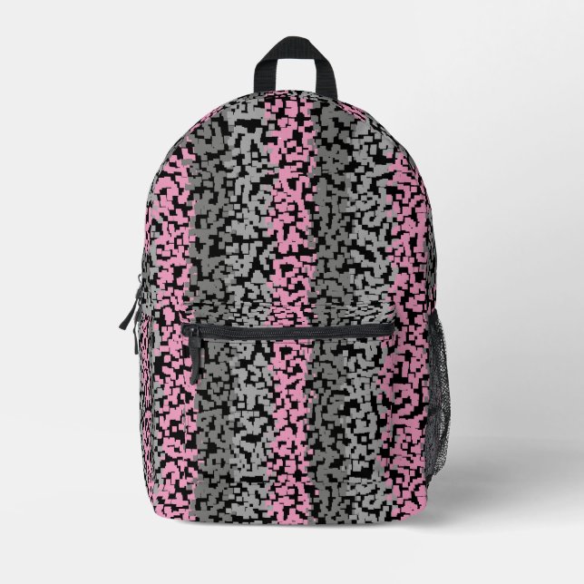 Pink grey black digital pixelated stripes printed backpack (Front)