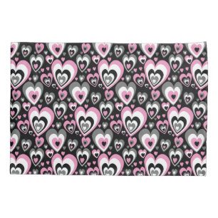 Pink Grey Black Hearts Pattern. Pillowcase