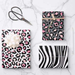 Pink, Grey & Black Safari Animal Print Wrapping Paper Sheet