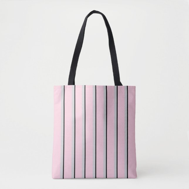 Pink, grey, black stripe print tote bag (Front)