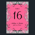Pink Grey Black Swirls Wedding Table Number Card<br><div class="desc">Hot Pink Grey Black Swirls Wedding Table Number Card with elegant script font. BlissfulWedding © at Zazzle. Personalise with bride and groom names and wedding date. You can change the background colour using the edit menu.</div>