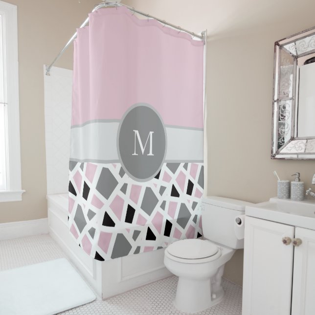 Pink Grey Black White Abstract Geometric Block Shower Curtain (In Situ)