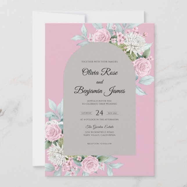 Pink Grey Bloom Wedding Invitation (Front)