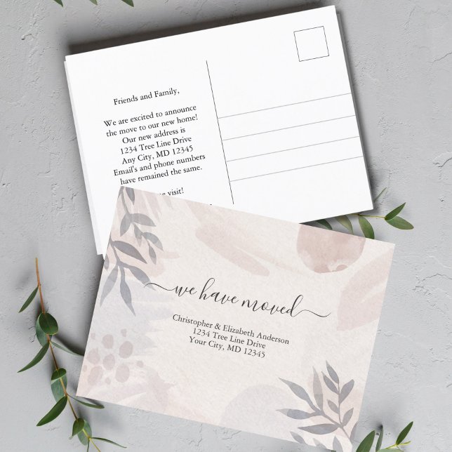 Pink Grey Boho Botanical Watercolor Moving  Announcement Postcard (Boho Pink Gray Watercolor Abstract Sjhapes Botanical Postcard Moving Announcement)